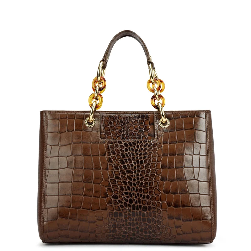 Da Milano Walnut Medium Croco Leather Satchel - Walnut for Women | Best Price UAE